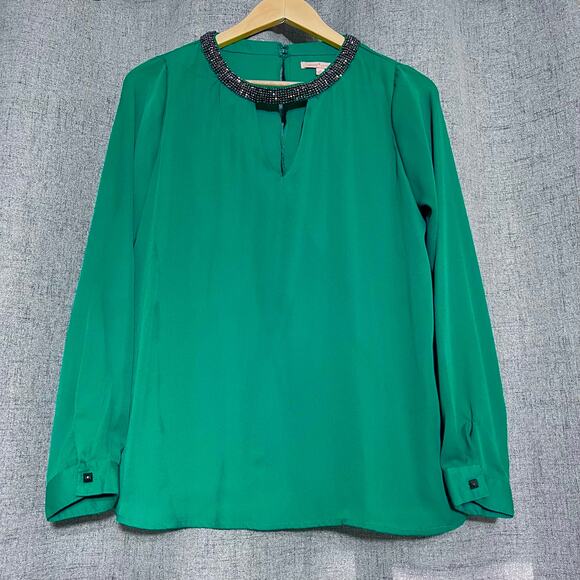 Gibson Latimer Top Women Small Green Jeweled Rhinestone Sheer Office Career - Picture 1 of 9